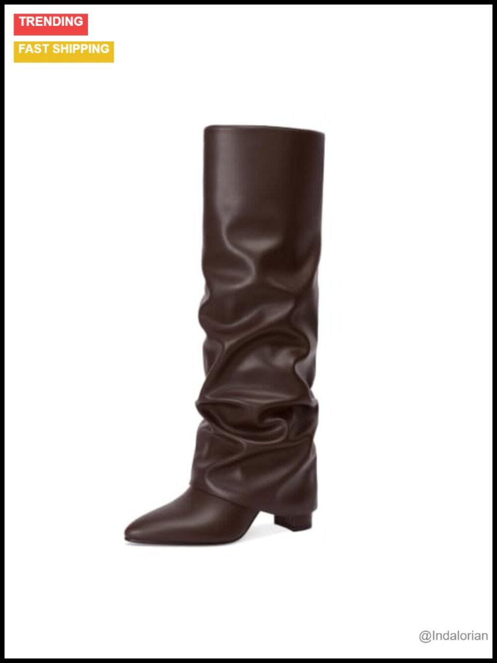 Knee High Boots Fold Over Chunky Heel Pointed Toe Wide Calf Slouchy Faux Leather
